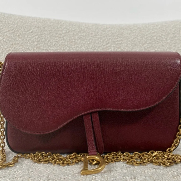Authentic Pre-Owned Dior Medium Saddle Pouch with Chain Burgundy Goatskin - Picture 2 of 16